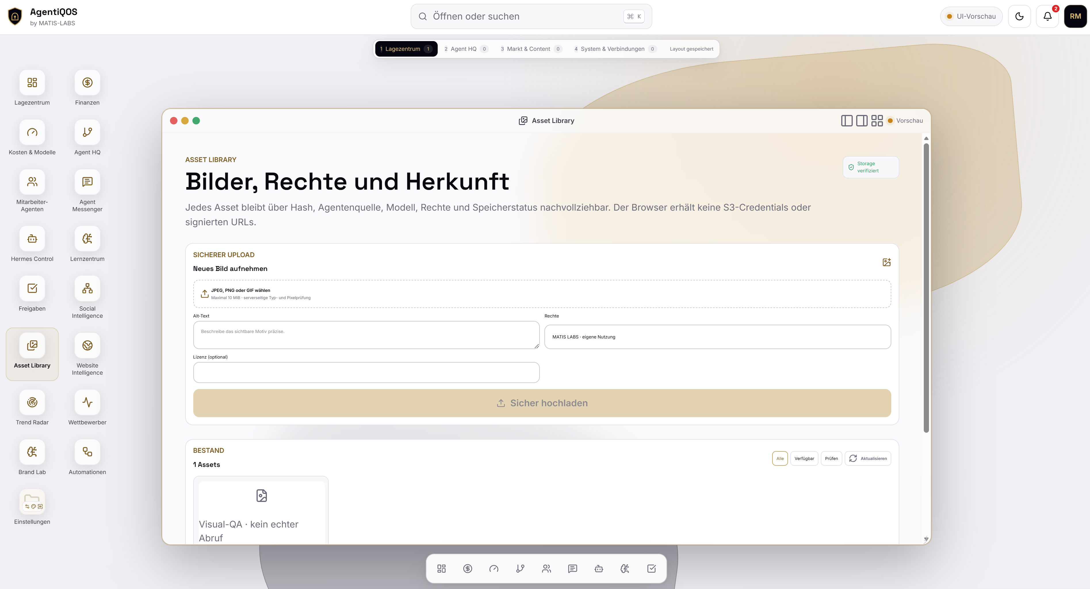 AgentiQOS Asset Library mit von Agenten generierten Ergebnissen