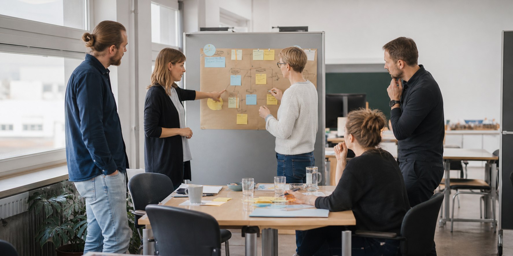 Beschäftigte gestalten in einem Coaching gemeinsam einen digitalen Arbeitsprozess