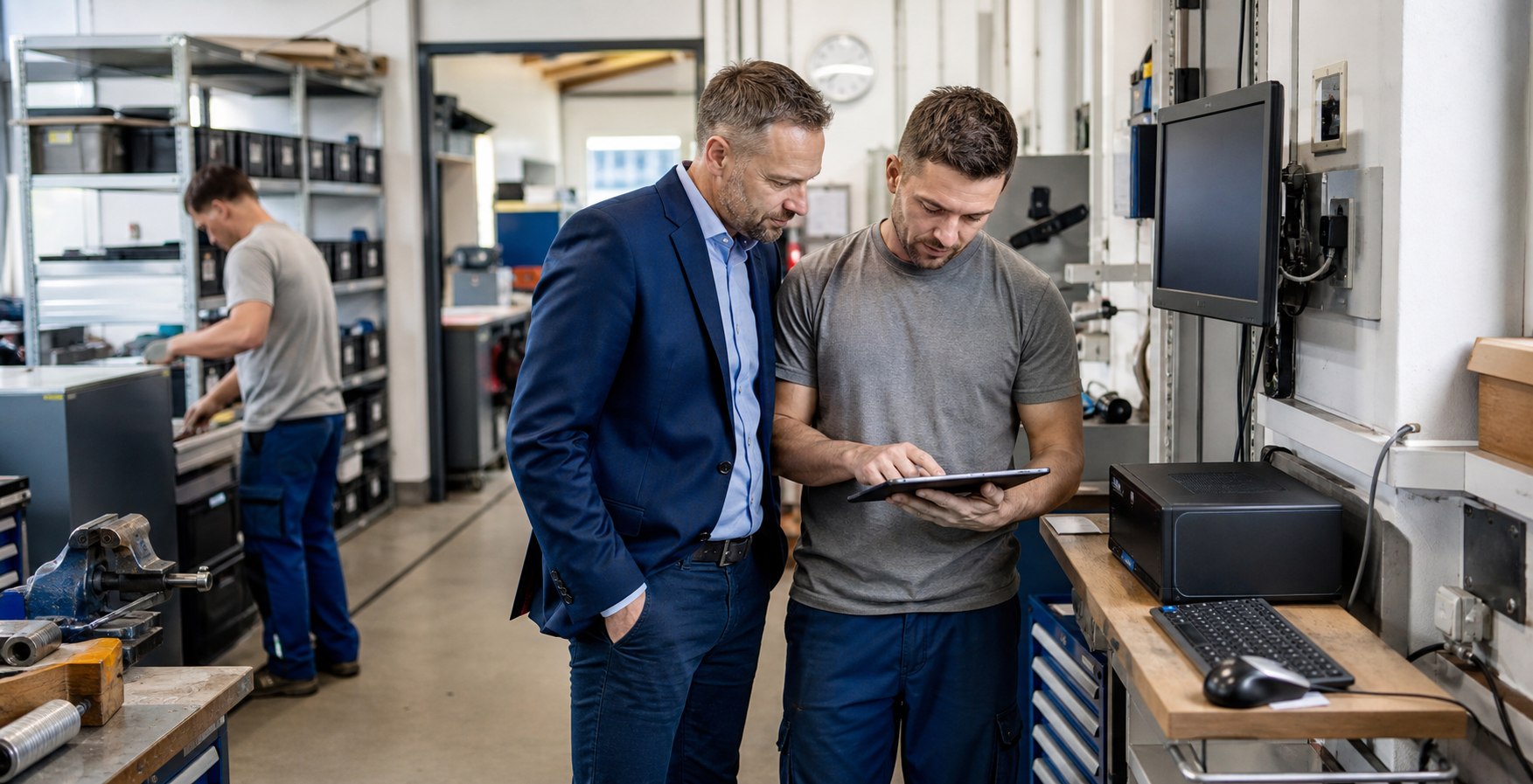 Ein Betriebsleiter und ein Techniker begleiten eine digitale Investition in der Werkstatt