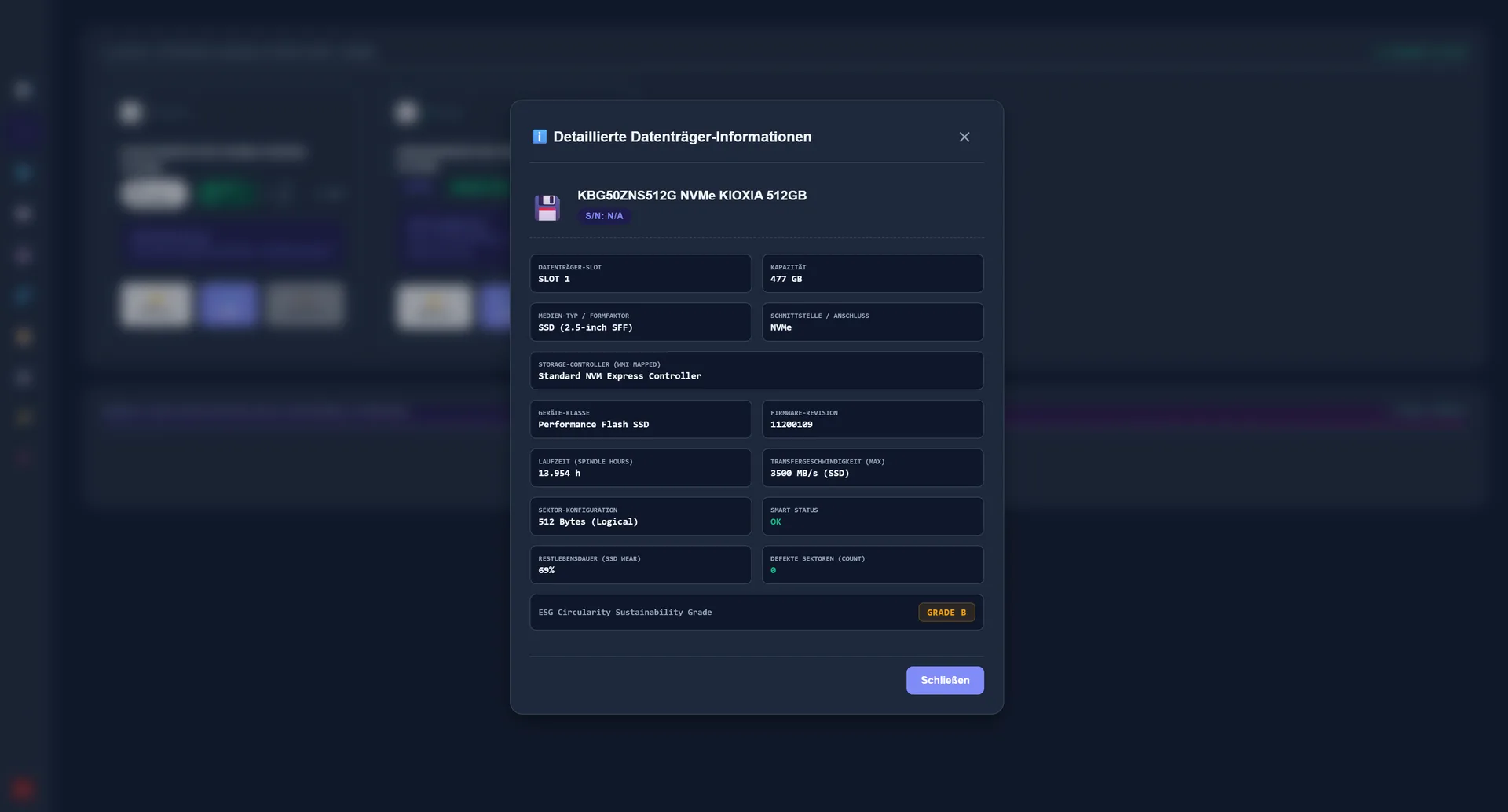 Detaillierte Datenträger-Informationen mit Controller, Firmware, SSD-Wear und ESG-Grade