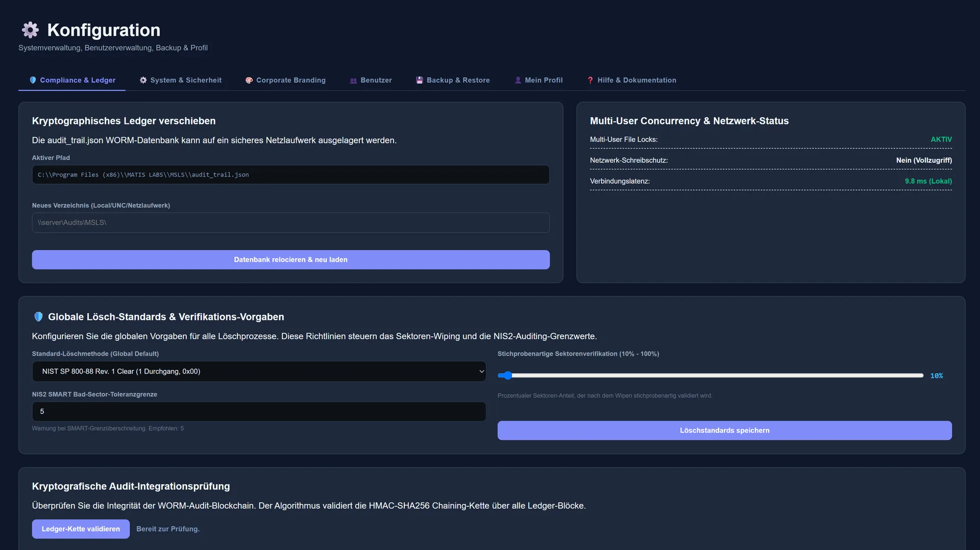 Konfiguration mit WORM-Ledger-Verwaltung, globalen Löschstandards und Multi-User-Status