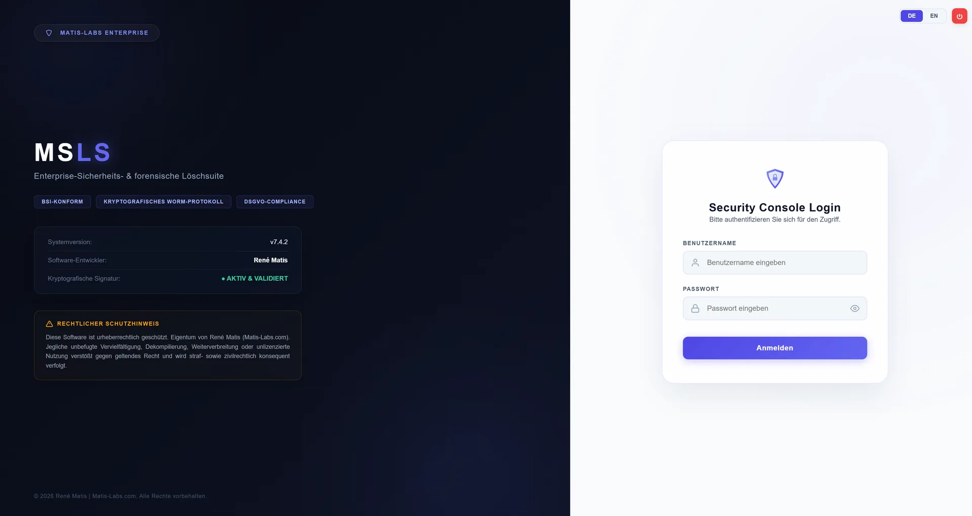 Security Console Login mit Benutzerverwaltung und signierter Systemversion