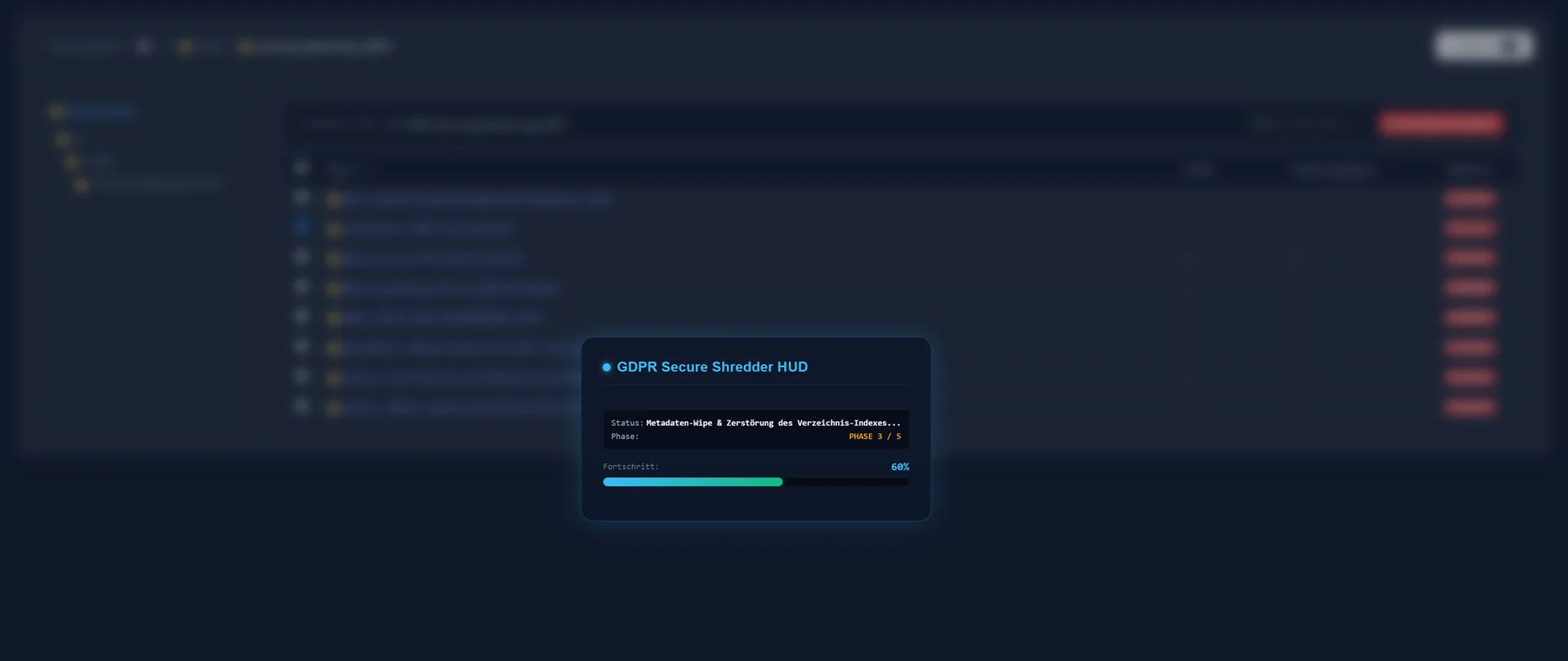 GDPR Secure Shredder HUD mit Phasenanzeige und Fortschritt
