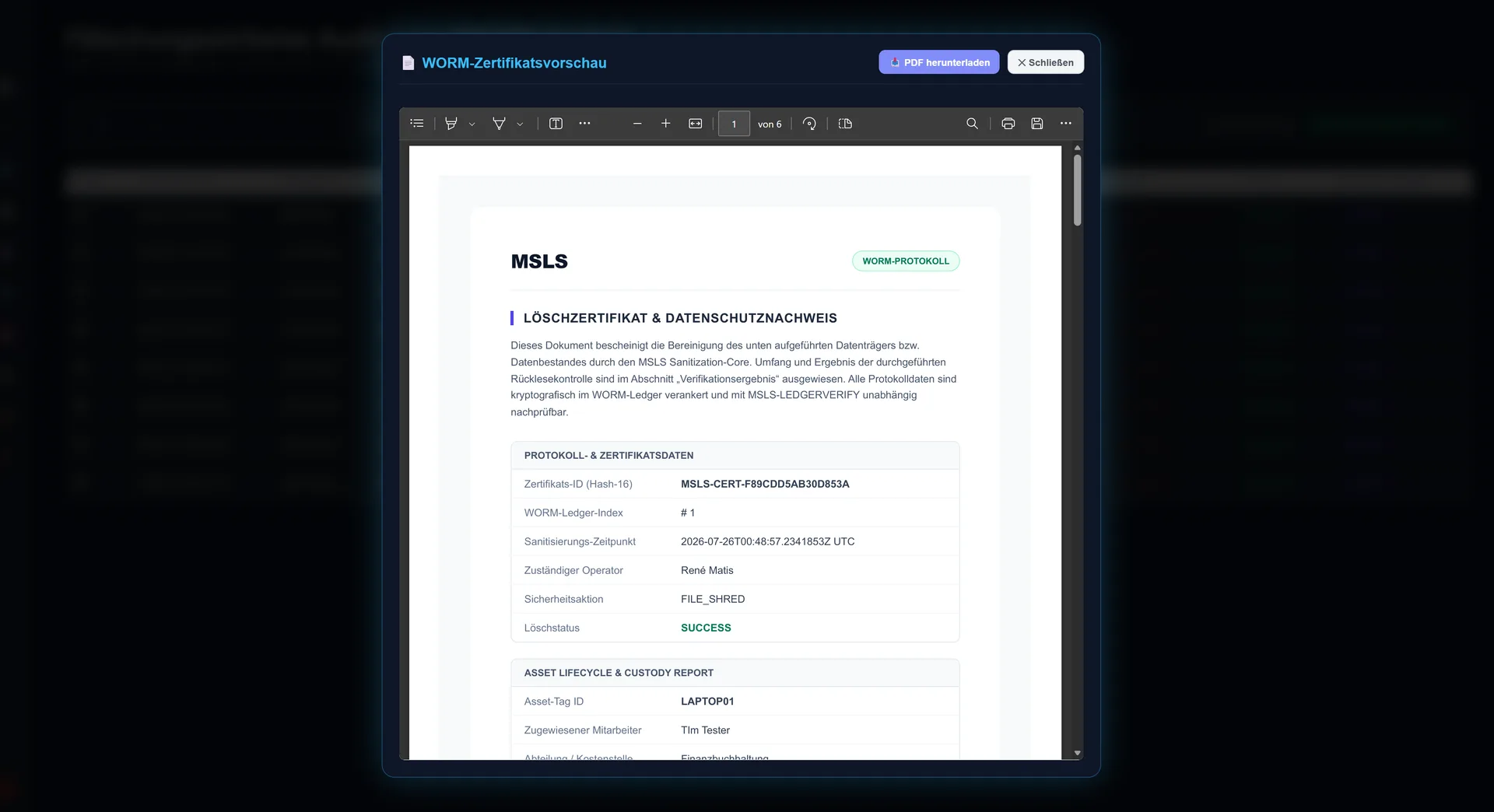 WORM-Zertifikatsvorschau: Löschzertifikat mit Zertifikats-ID, Ledger-Index und Asset-Daten
