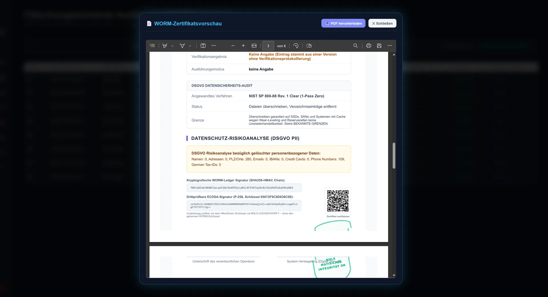 Zertifikatsseite mit SHA256-HMAC-Kette, ECDSA-Signatur, QR-Code und DSGVO-Risikoanalyse