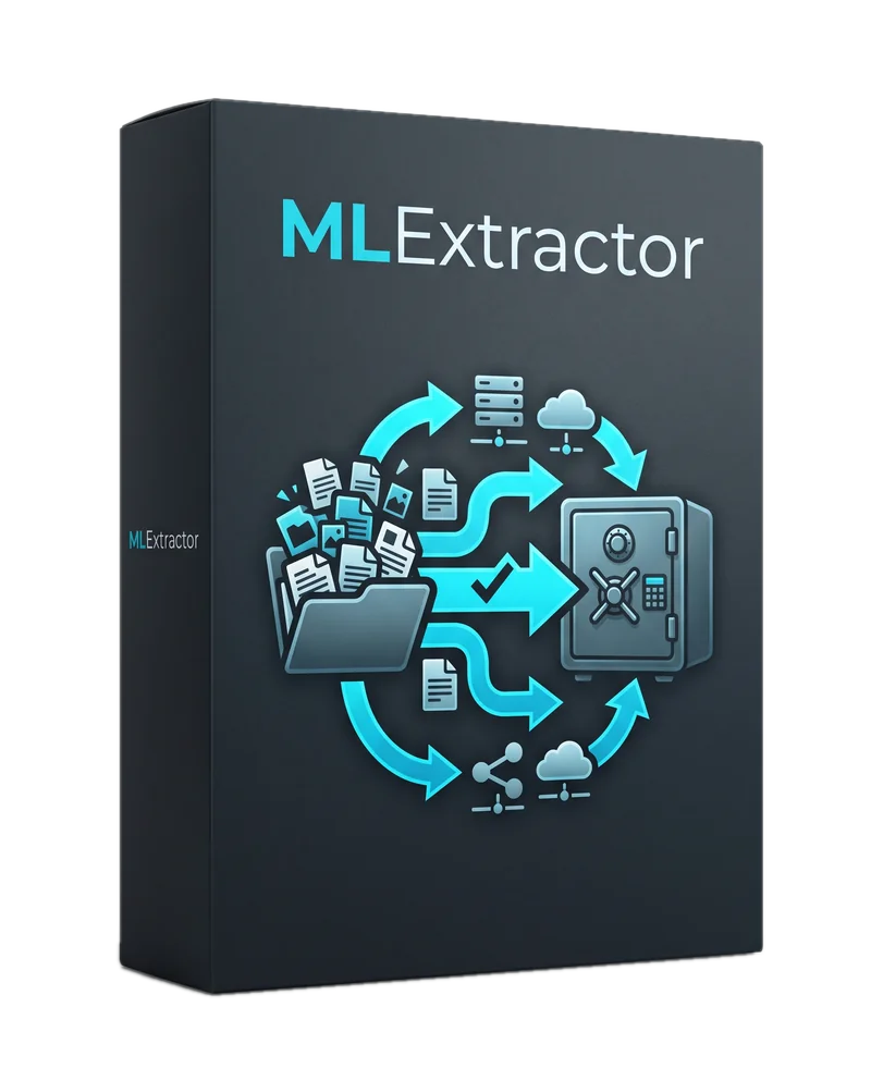 Produktbox MLExtractor: Dateien fließen aus einem vollen Ordner geprüft in einen Tresor