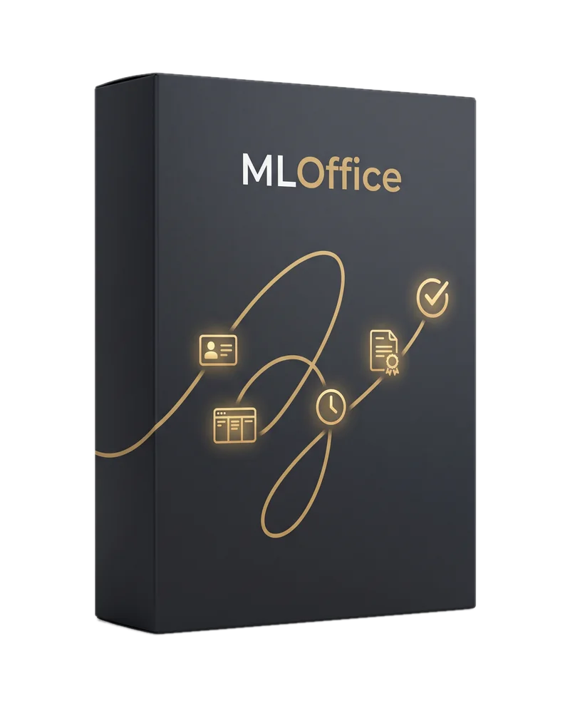 Produktbox MLOffice: goldene Prozesslinie von Kontakt über Projekt und Zeiterfassung zur besiegelten Rechnung