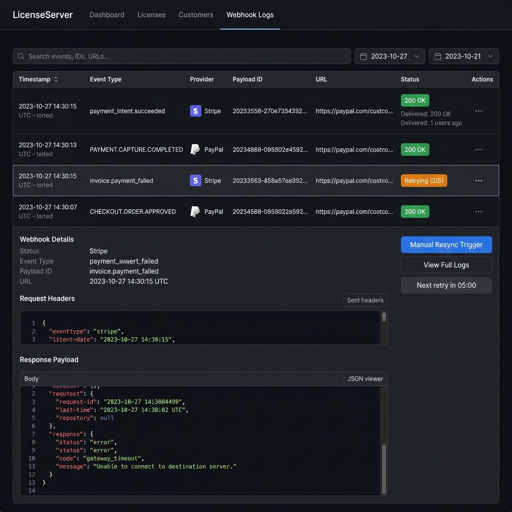 LicenseServer Webhook Logs