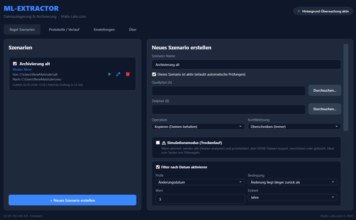 MLExtractor Dashboard mit Szenarien und Datenfluss-Karten