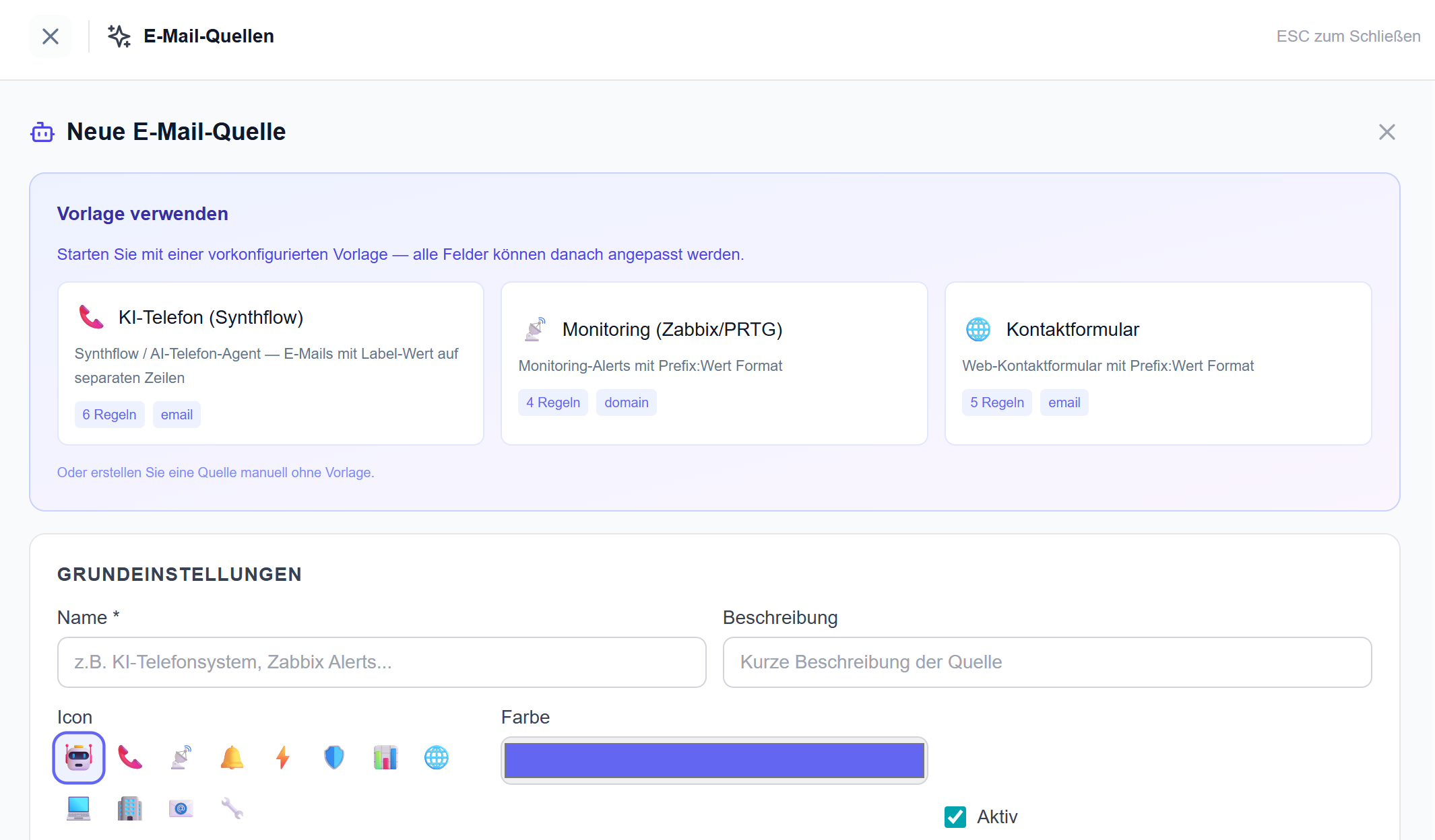 E-Mail-Quellen — Vorlagen für KI-Telefon, Monitoring