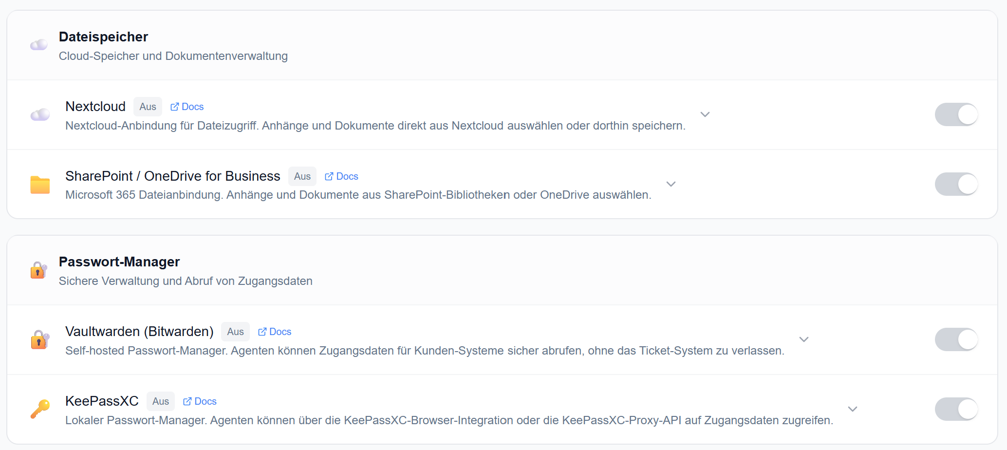 Integrationen — Dateispeicher & Passwort-Manager